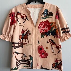 Western Floral Horse Print Blouse - Peach Medium